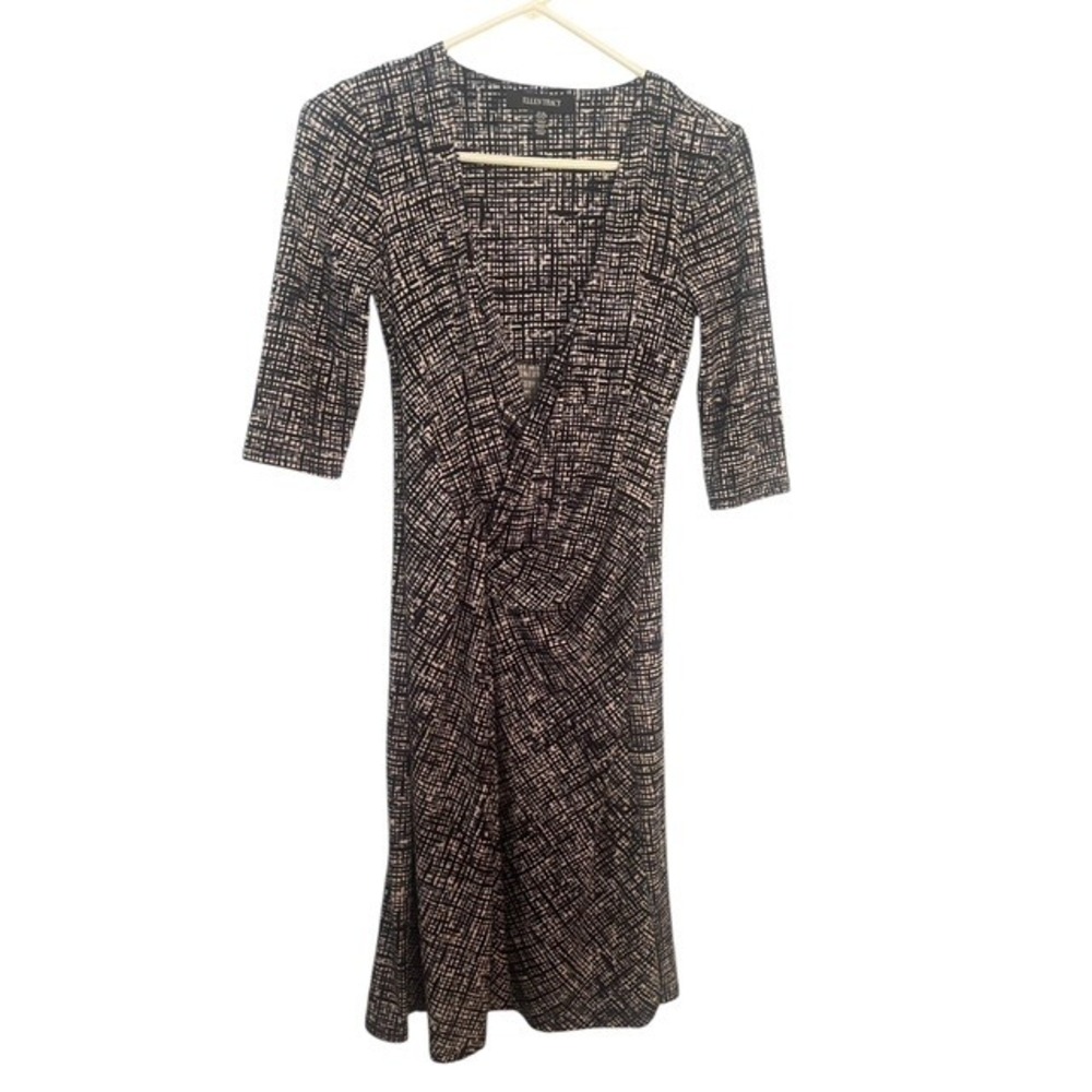 Ellen Tracy Midi Dress Strech Career Work Black White Wrap 3/4 Sleeve size xs